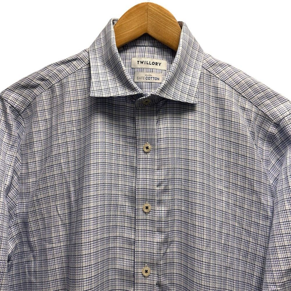 Twillory Men's Sz 16 36/37 Dress Shirt White/Blue Plaid Non-Iron Safe Cotton euc
